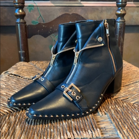 ✨Black Moto Ankle Boots Gold Zips Buckle Studs✨6.5 - Picture 5 of 13